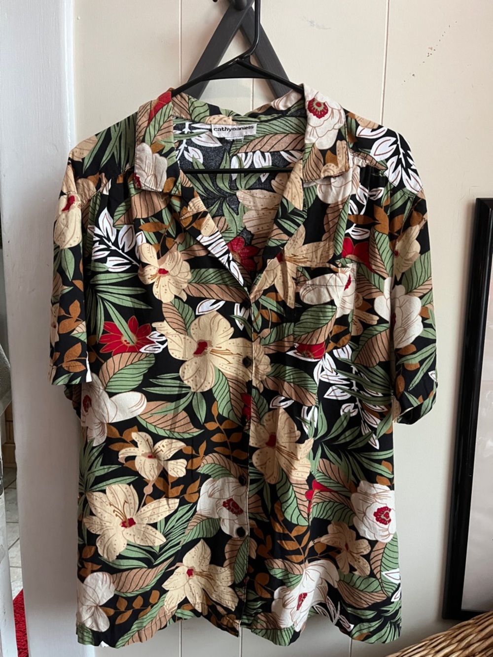 Cathy Daniels Tropical Floral Camp Shirt in Black, Green & Cream